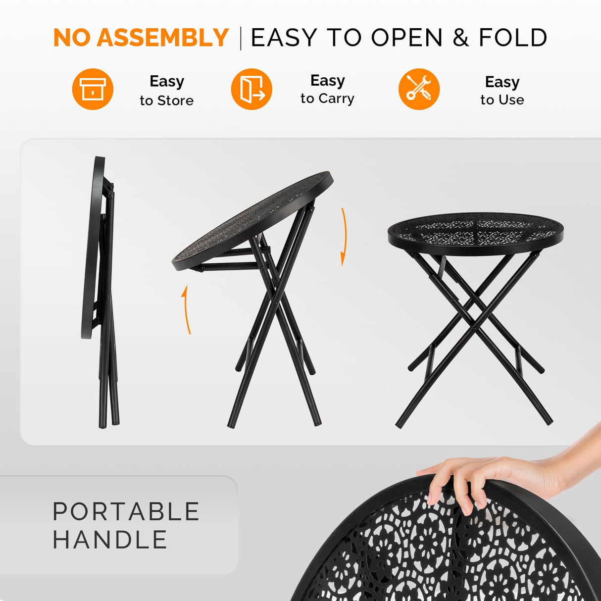 VINGLI Outdoor Folding Side Table with Chic Hollow Pattern and Durable, Rust-Resistant Black-Coated Iron Patio Bistro Table Suitable for Indoor & Outdoor Porch, Deck, Balcony and Pool VINGLI