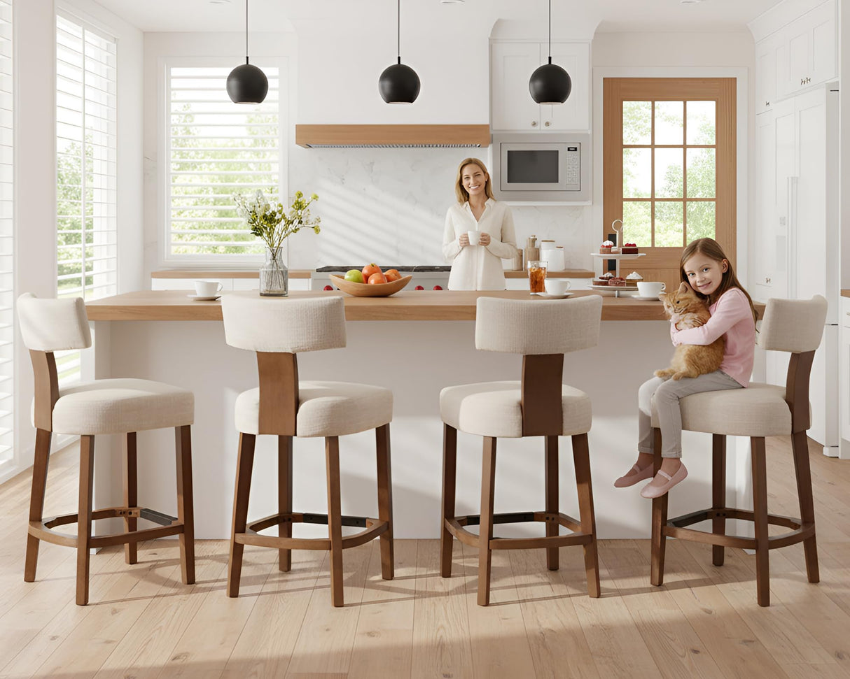 26’’ Farmhouse Bar Stools Set of 4, Linen Upholstered Counter Height Barstools with Back Modern Counter Stools Wood Barstools with Hardwood Frame, Bar Height Chairs for Kitchen Counter Island, Beige LIVINOVA