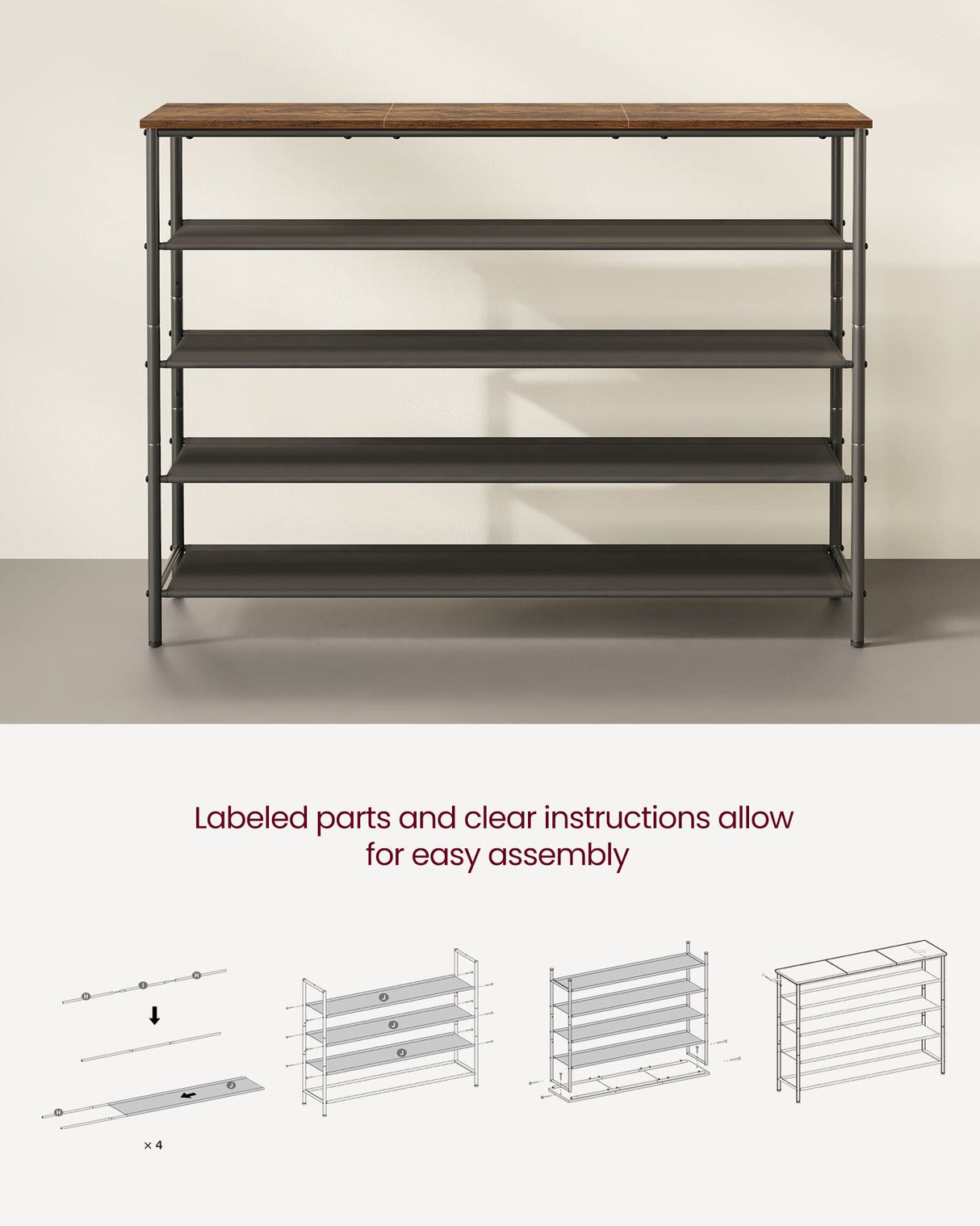 VASAGLE Shoe Rack, 5 Tier Shoe Storage Rack for 20-24 Pairs of Shoes, Shoe Organizer for Entryway, with 4 Fabric Shelves and Wooden Top, Steel Frame, Industrial, Rustic Brown and Black ULBS136B01 VASAGLE