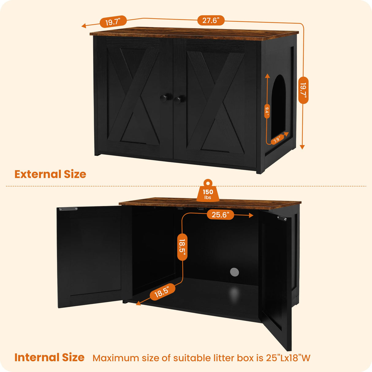 Dwanton Litter Box Enclosure, Cat Litter Box Furniture Hidden, Reversible Entrance Can Be on Left or Right Side, Wooden Cat Washroom Indoor, Black and Rustic Brown, 27.6 Inches Dwanton