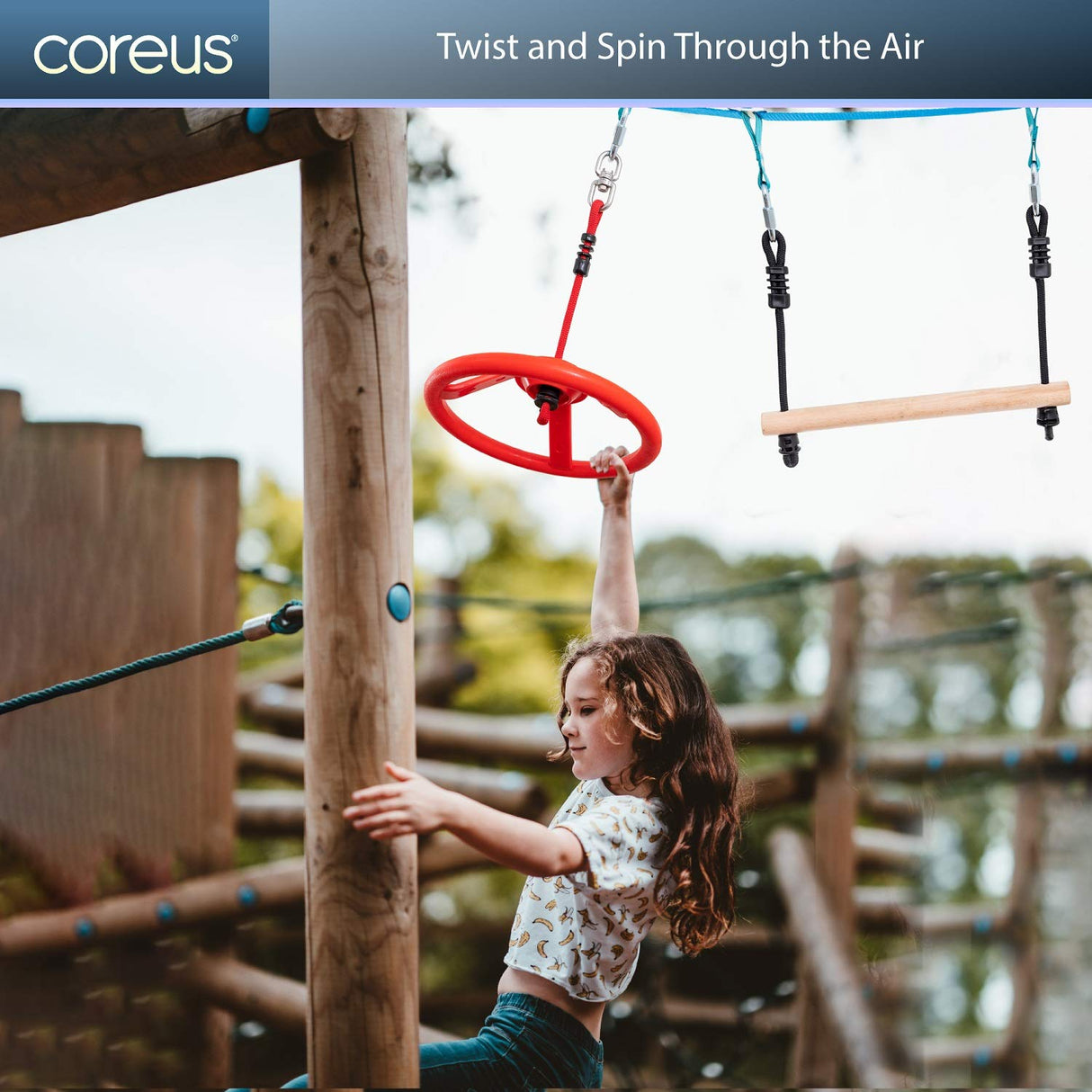 Ninja Kids Hanging Obstacle Course with Swivel Slackline Spinner Wheel Red coreus