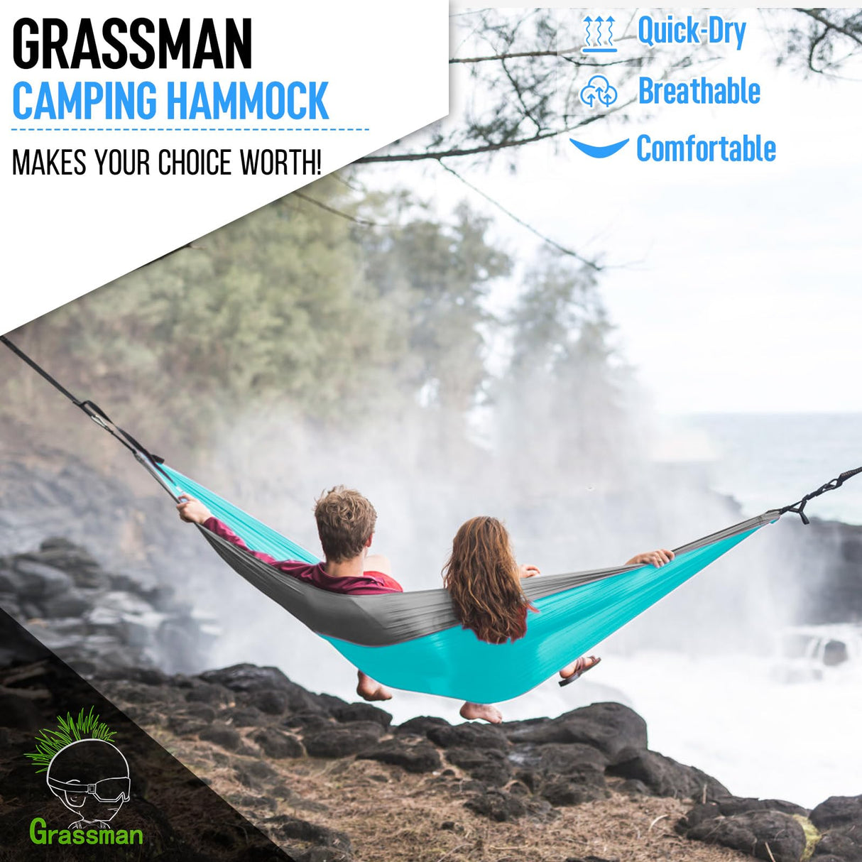 Camping Hammock Double & Single Portable Hammock with Tree Straps, Lightweight Nylon Parachute Hammocks Camping Accessories Gear for Indoor Outdoor Backpacking, Travel, Hiking, Beach Grassman