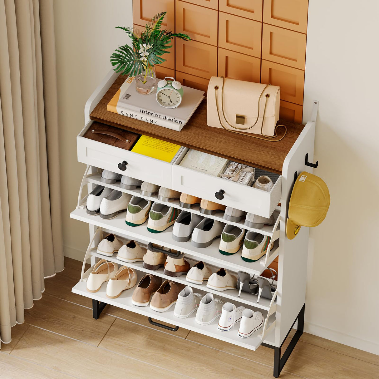 YGEOMER Shoe Cabinet Storage for Entryway, Farmhouse Shoes Organizer Rack with 2 Flip Drawers and 2 Fabric Drawers, Narrow Slim Shoe Cabinet for Door Entrance, White YGEOMER