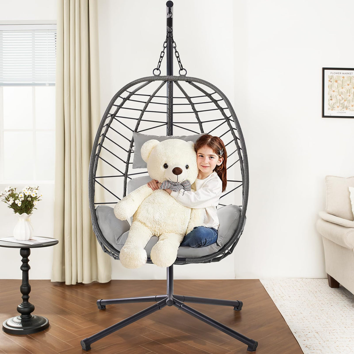 ONBRILL Hanging Egg Chair with Stand, Outdoor Indoor Egg Swing Chair with Cushion Headrest, Rattan Wicker Egg Chair with Dual Chains, 350LBS Capacity for Patio, Porch, Balcony, Bedroom (Light Gray) ONBRILL