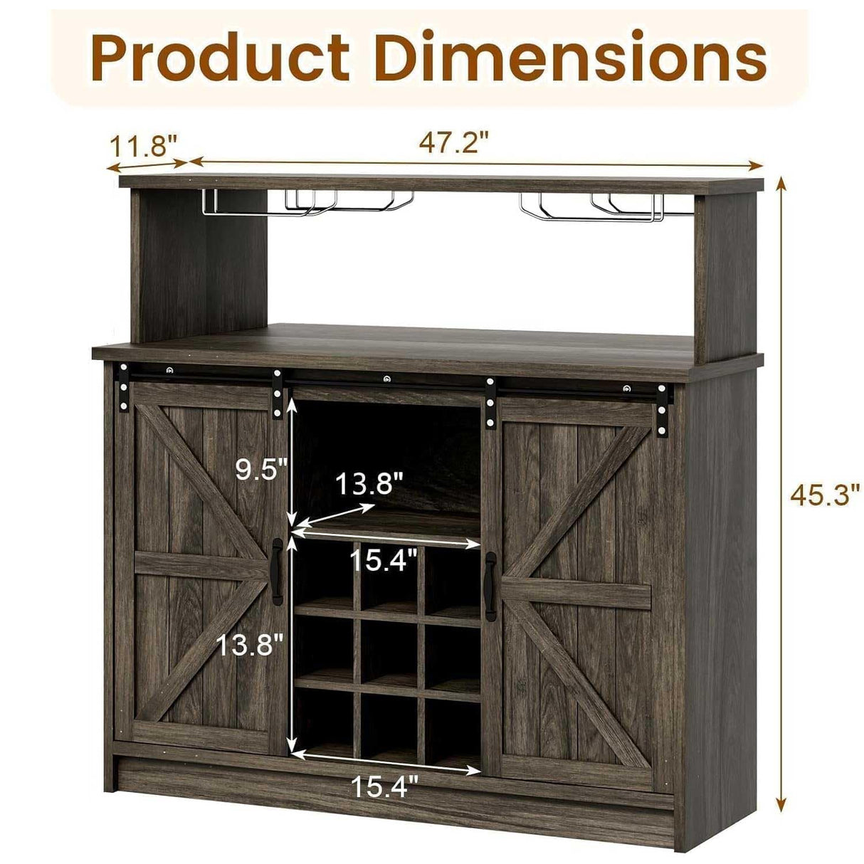 4ever2buy Farmhouse Coffee Bar with LED Lights, 47 inch Coffee Bar Cabinet with Storage, Wine Bar Cabinet with Glass & Wine Racks for Living, Dining Room, Grey 4ever2buy