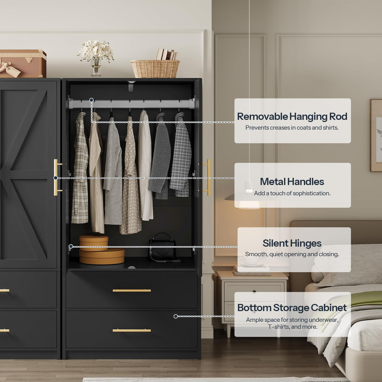 HOOBRO Armoire Wardrobe Closet, Wardrobe Closet with Doors and 2 Drawers, Bedroom Armoire with Hanging Rod, Tall Armoire for Bedroom, Wooden Clothing Storage Cabinet, Black HOOBRO