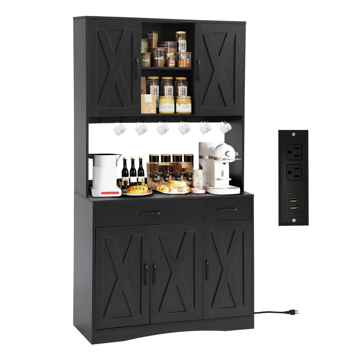 Grepatio 71" Kitchen Pantry Cabinet, Pantry Cabinet with Charging Station, Storage Cabinets with Door, Adjustable Shelves and Hooks, Farmhouse Kitchen Hutch for Dining Room, Living Room (Black) Grepatio