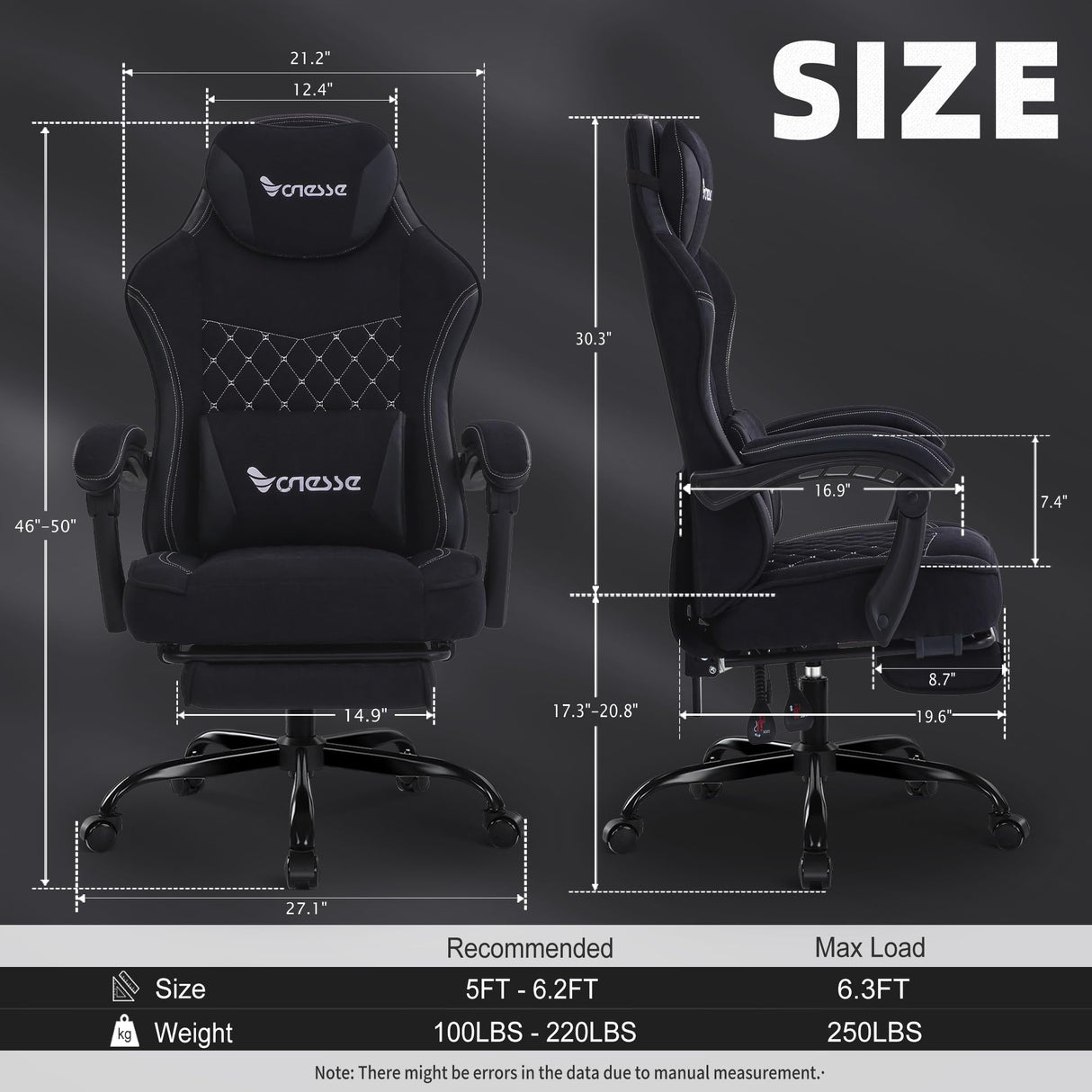 Vonesse Gaming Chair, Computer Chair Fabric with Pocket Spring Cushion, Office Chair with Footrest and Massage Lumbar Support, Reclining Gaming Chairs for Adults 250LBS (Black) Vonesse