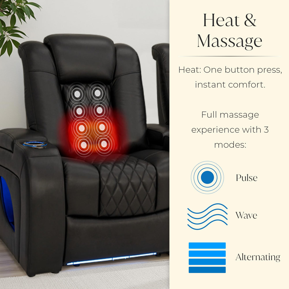 Seatcraft Virtuoso LT Zero-Gravity HeatZero Italian Leather Home Theater Seating, Heat & Massage, Power Headrest, Power Recline, Row of 5 Left Loveseat, Black Seatcraft