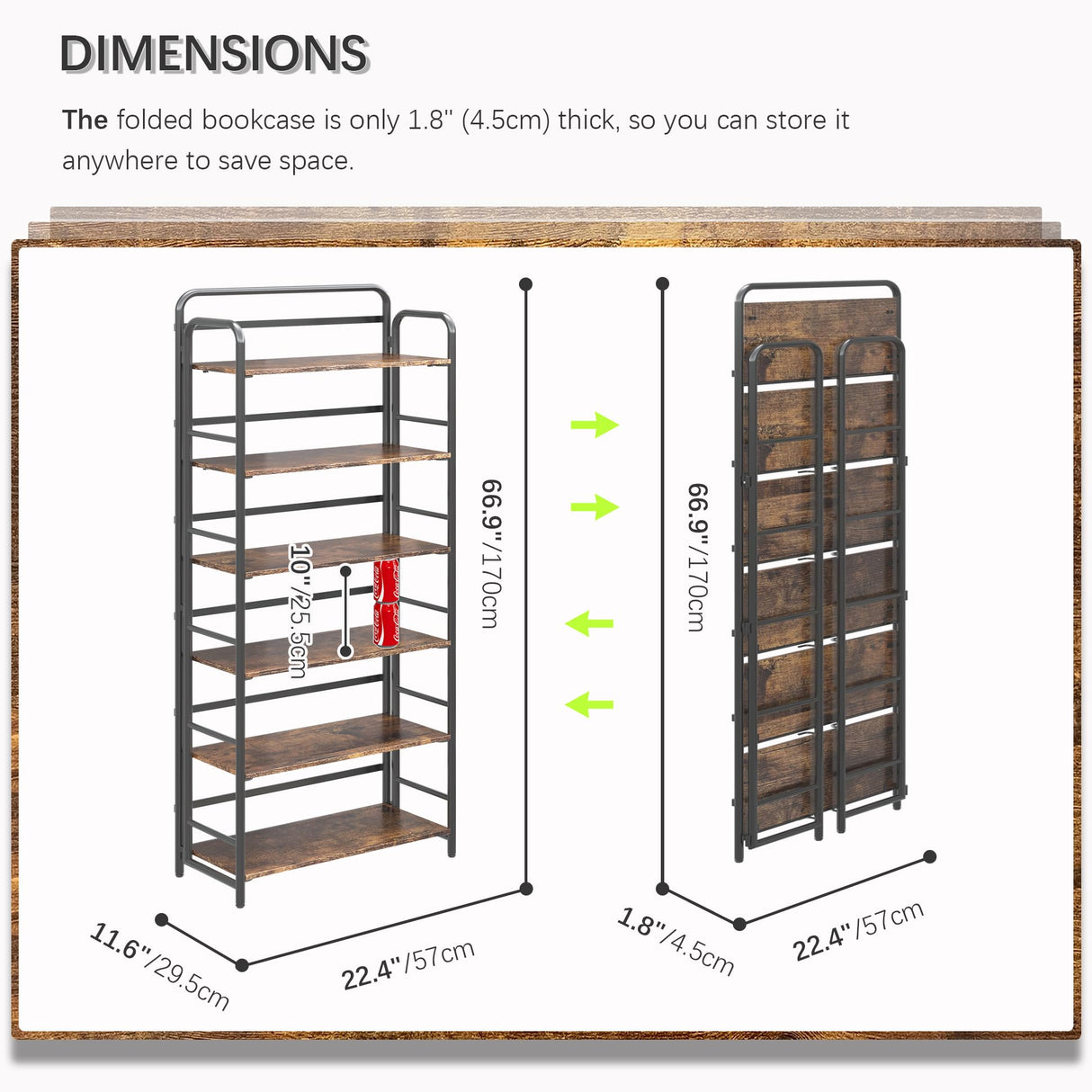 4NM No Assembly Folding Bookshelf, 6 Tier Vintage Industrial Book Shelf,Metal Foldable Storage Bookcase and Bookshelves for Living Room,Bedroom and Kitchen - Rustic Brown 4NM