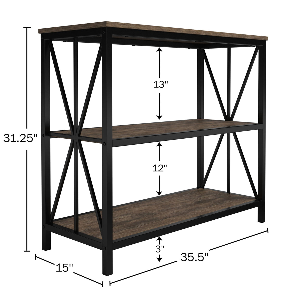 Lavish Home 3-Tier Industrial Bookshelf - Freestanding Open Bookcase for Home or Office Organization and Storage - Book Organizer (Brown Woodgrain) Lavish Home