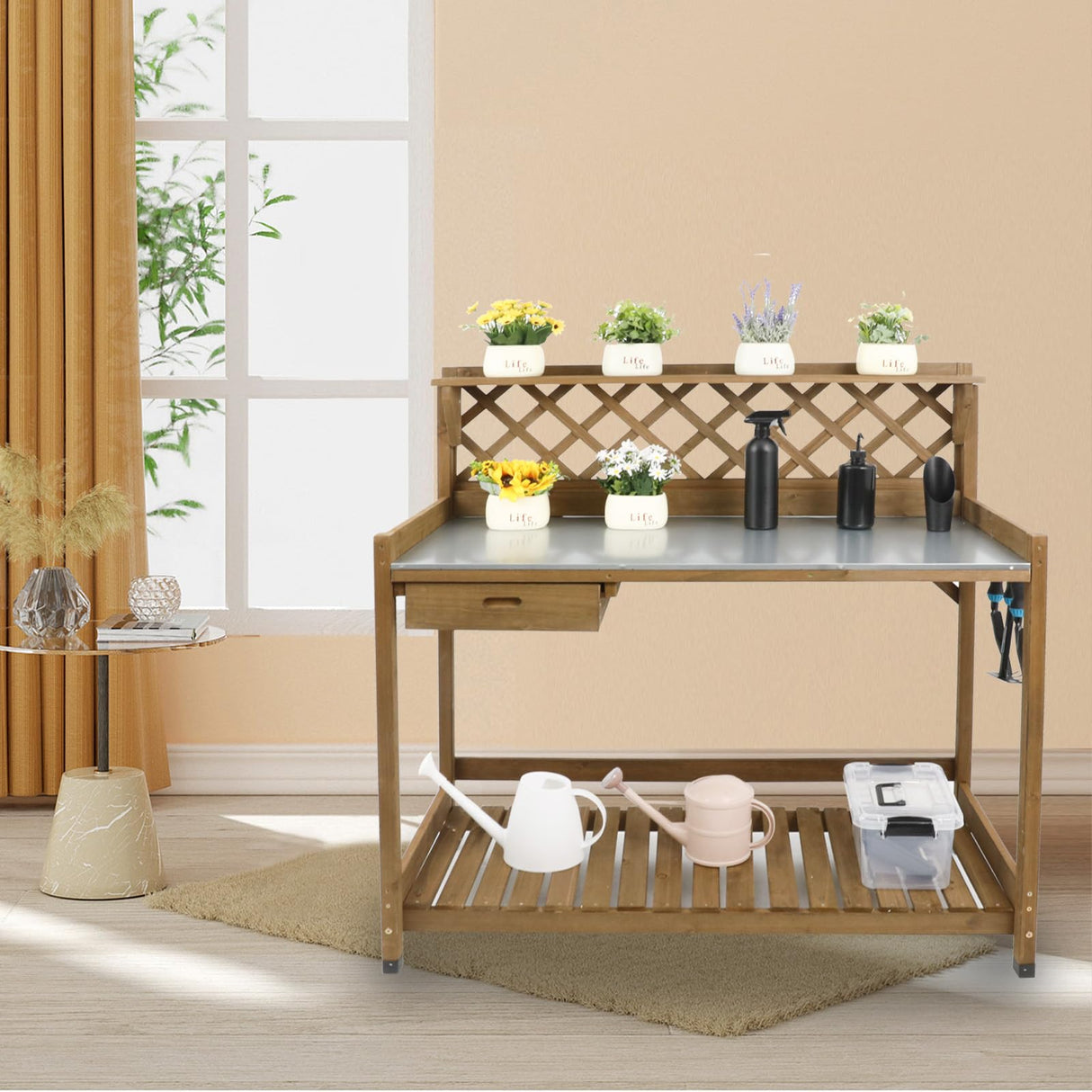 Ketive Garden Potting Bench with Metal Tabletop,Outdoor Potting Table Workstation Benches with Drawer/Storage Shelf,Fir Wood Potting Station Work Table with Open Shelf,Lattice Back(Grey) ketive