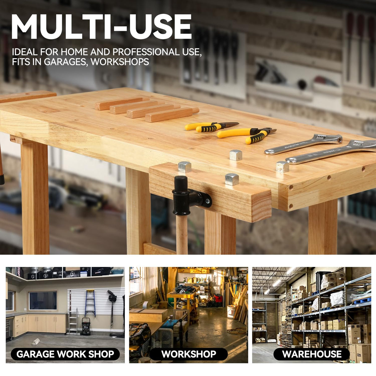 Auto Dynasty Workbench Rubber Wooden Work Bench with Open Space and Adjustable Rotating Handles Hardwood Workbench for Garage, Workshop, Home and Office, 44'' x 24.4'' x 29.5'' Auto Dynasty