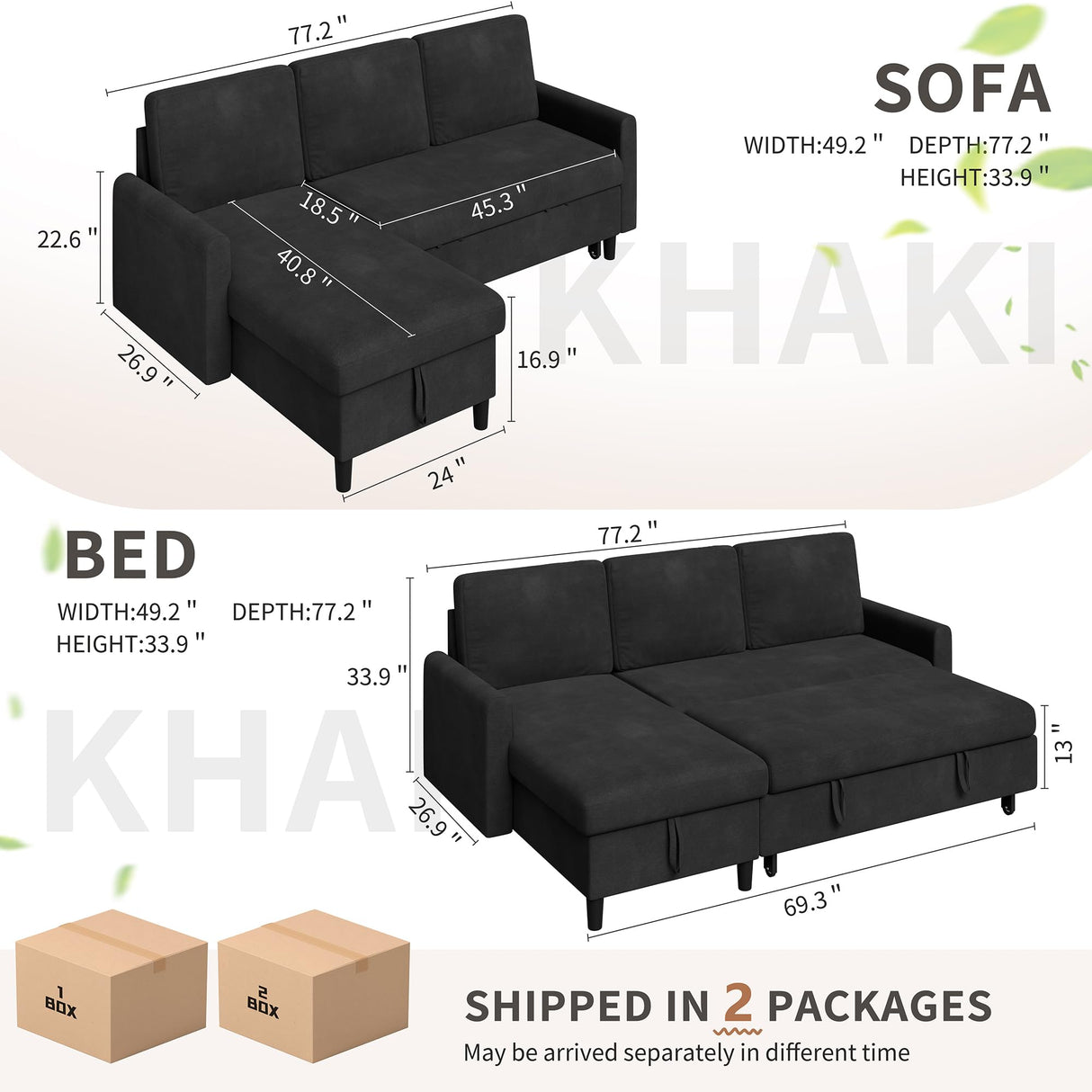 Walsunny Sectional Sofa Couch Bed L Shaped Sleeper Sofa Bed Pull Out Bed with Storage, Reversible Sectional Couches for Living Room, Apartment, Office(Black) Walsunny