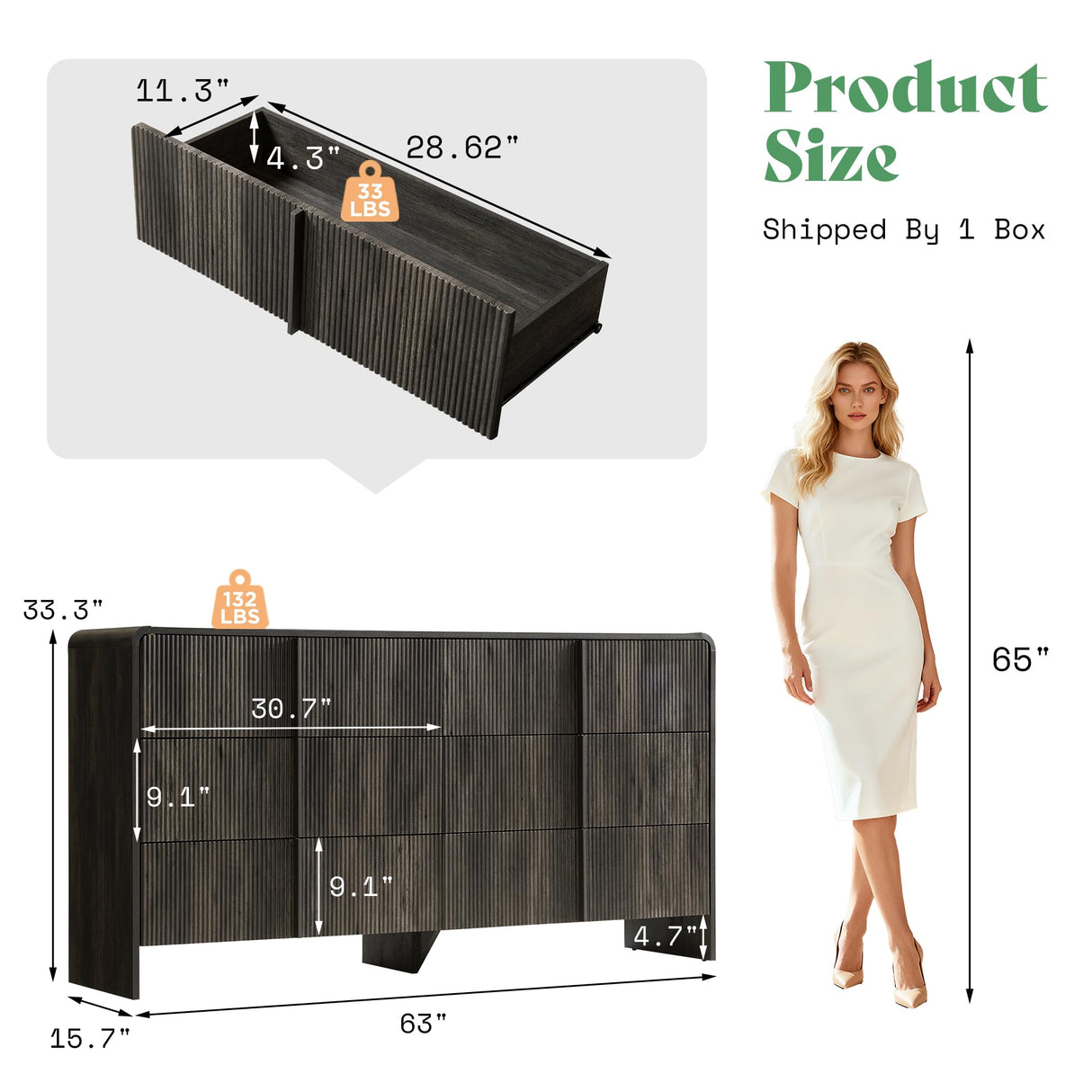 AMERLIFE 63" Fluted 6 Drawer Dresser, Long Modern Chest of Storage Drawers with Pine Handles, Rounded Corners & Anti-Tip Design, Wood Closet Organizer for Bedroom, Living Room, Nursery, Black AMERLIFE