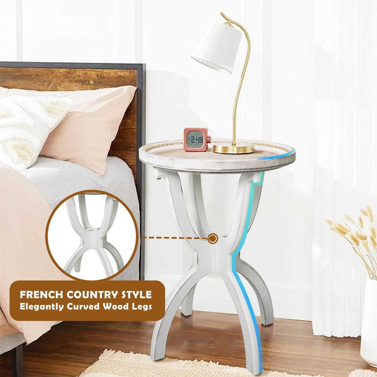 HCODCIBA Farmhouse End Table with Carved Tray Top,Small Round Side Table with Curved Legs,Retro Bedside Table Rustic Accent Table for Living Room,Bedroom HCODCIBA