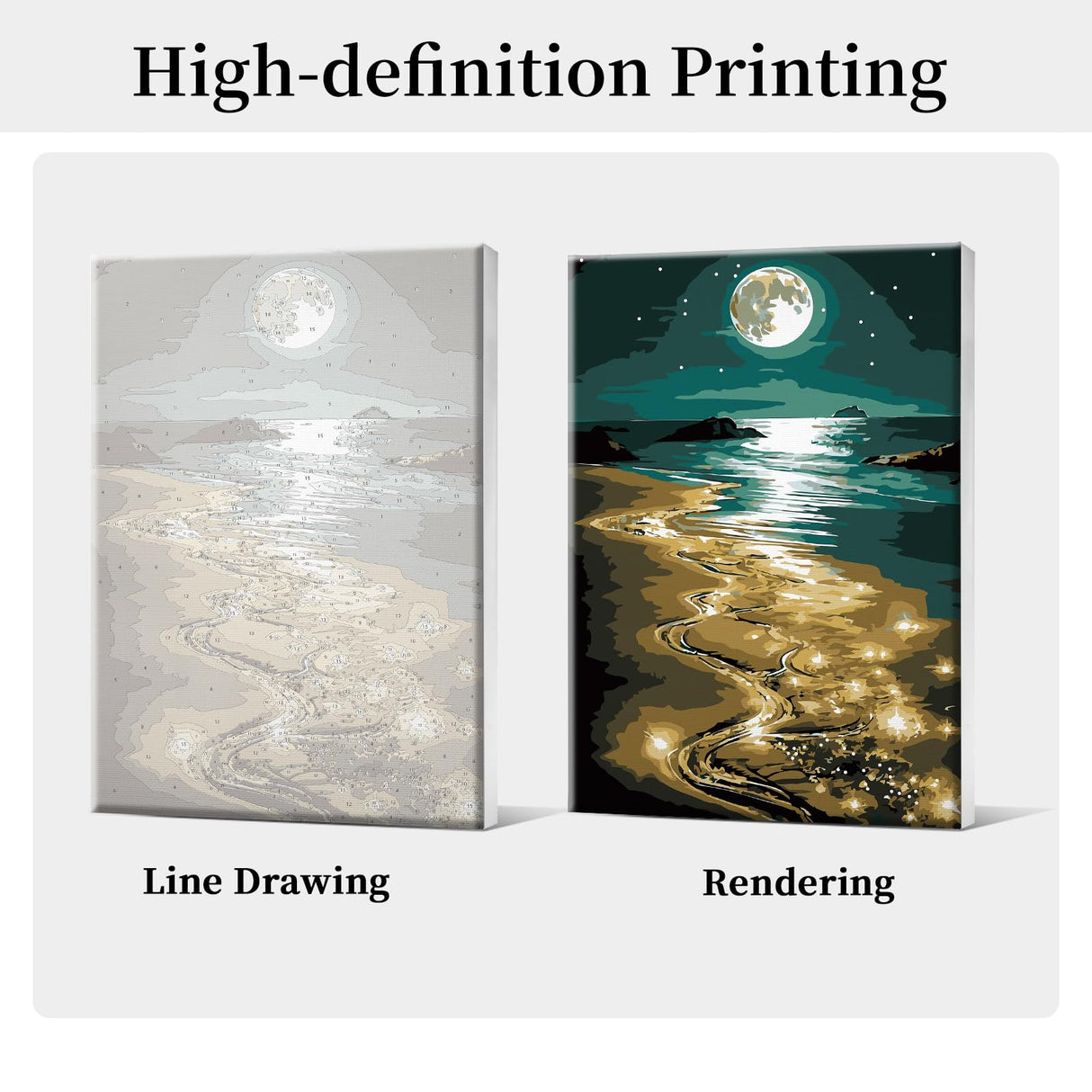 HeeBenor Framed Paint by Numbers Kit for Adults, Moon Paint by Number with Easel, DIY Beach Moon Landscape Oil Painting Kit, Adult Paint by Number Kits Framed Canvas for Home Decor 8x12 Inch HeeBenor