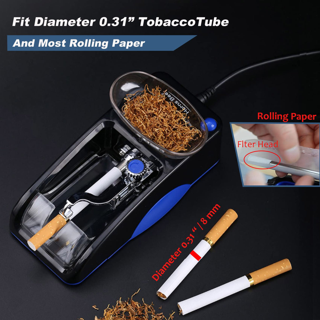 Tiyoha Electric Cigarette Rolling Machine Portable Mini Automatic Roller Maker Plug in Cigarette Injector Roller Fits Rolling Tube of Diameter 0.31"/8mm and Most Rolling Paper(Red) Tiyoha