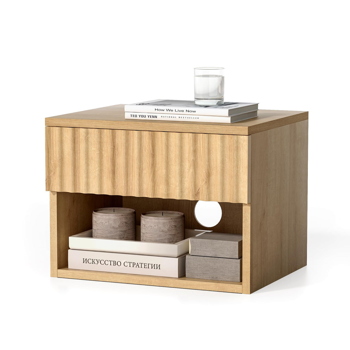 EYYTHUNG Floating Nightstand with Drawer, Modern Small Night Stand with Fluted Door and Open Storage Shelf Wall Mounted Bedside Table for Bedroom, Entryway Natural Oak EYYTHUNG