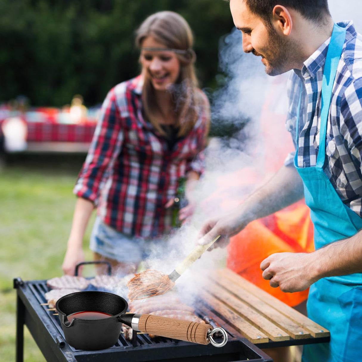 BBQ Mop Brush and Cast Iron Sauce Pot Set, 8Pcs Barbecue Accessories Include Basting Melting Pot, 2 Size Wooden Handle Sauce Mops with 4Pcs Replacements and Oil Brush for Meat Smoker, Grill, Stove PACETAP