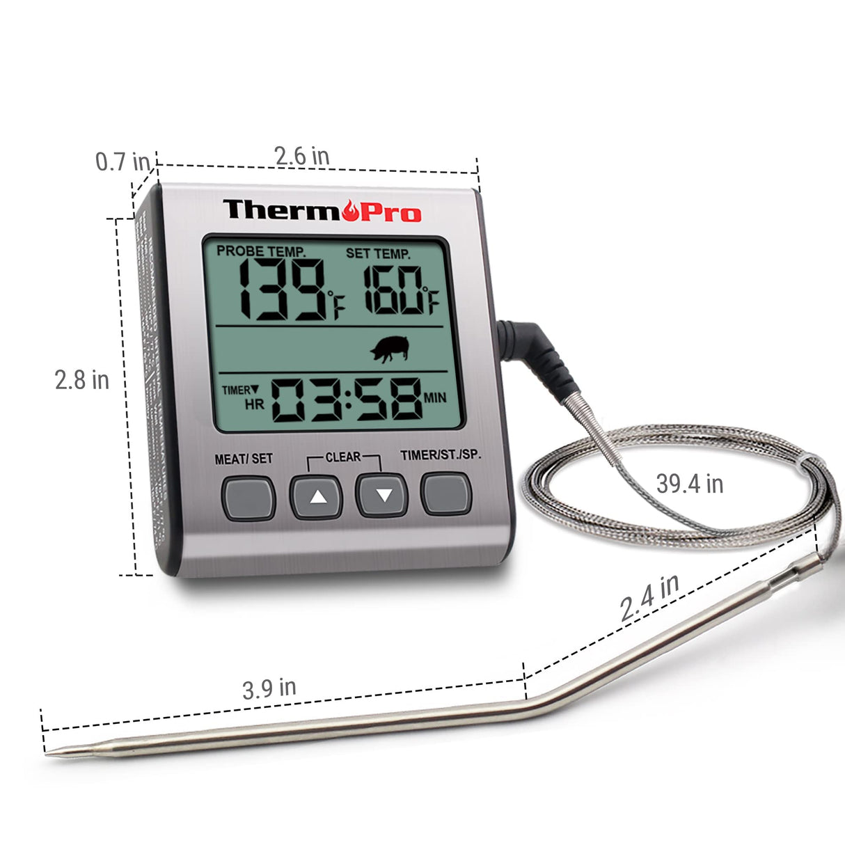 ThermoPro TP16S Digital Meat Thermometer for Cooking and Grilling, BBQ Food Thermometer with Backlight and Kitchen Timer, Grill Temperature Probe Thermometer for Smoker, Barbecue, Oven, Baking,Oil ThermoPro