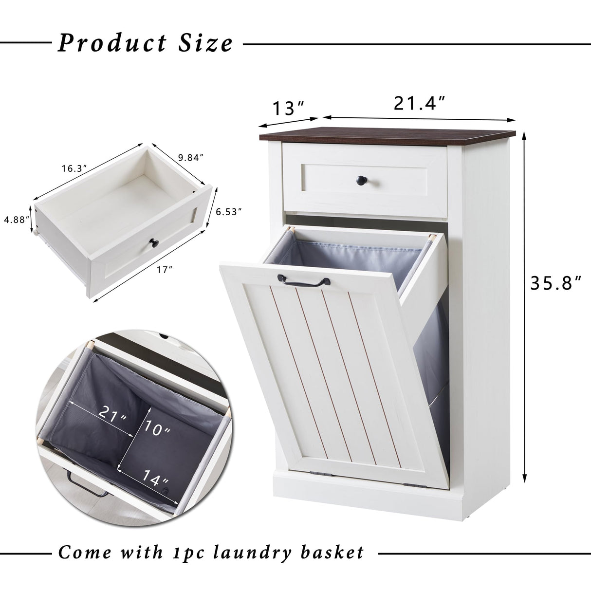 IFGET Tilt Out Trash Can Cabinet, Hidden Wooden Trash Can Cabinet, Farmhouse Laundry Hamper Cabinet, Trash Garbage Can Bin Cabinet with Storage Basket for Kitchen, Living Room (Antique White) IFGET