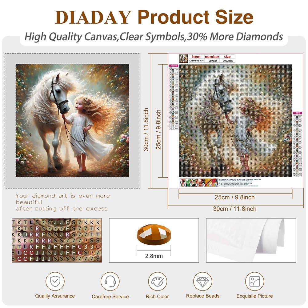 DIADAY Diamond Art Kits for Adults Horse, 5D Horse and Girl Diamond Painting Kits for Adults, Full Drill Round Gem DIY Diamond Dots Art Craft Home Wall Decor Gift 12 x 12 Inches DIADAY
