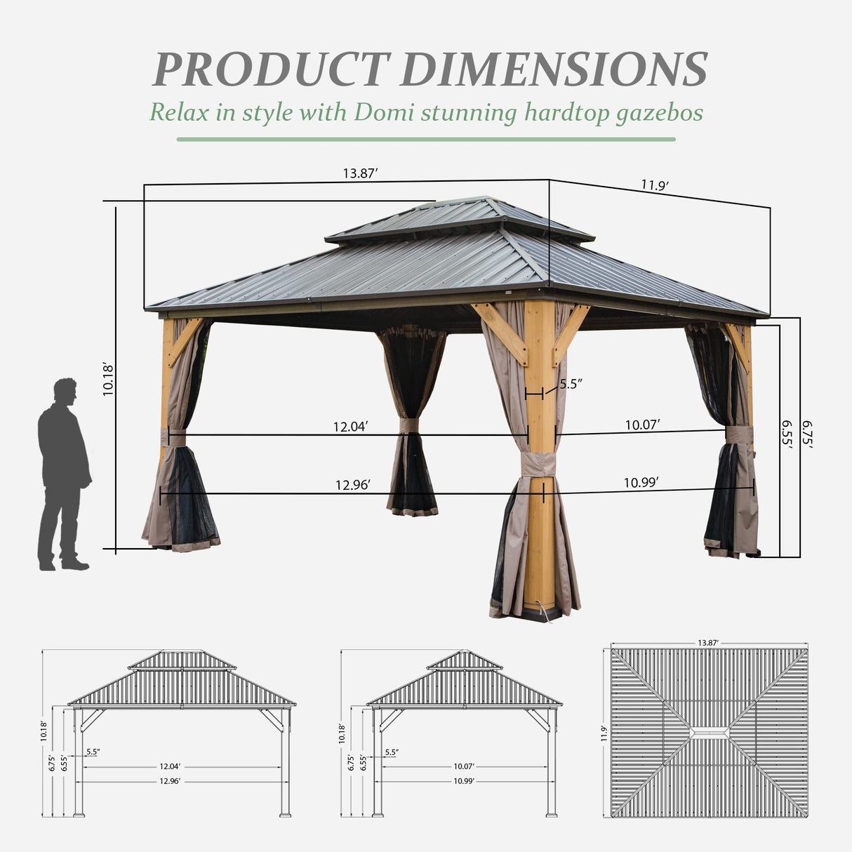 domi outdoor living 12x14 ft Wood Gazebo, Cedar Frame Hardtop Gazebo with Galvanized Steel Double Roof, Netting & Curtains, Patio Pergola Pavilion for Patio, Backyard, Deck, Lawns domi outdoor living