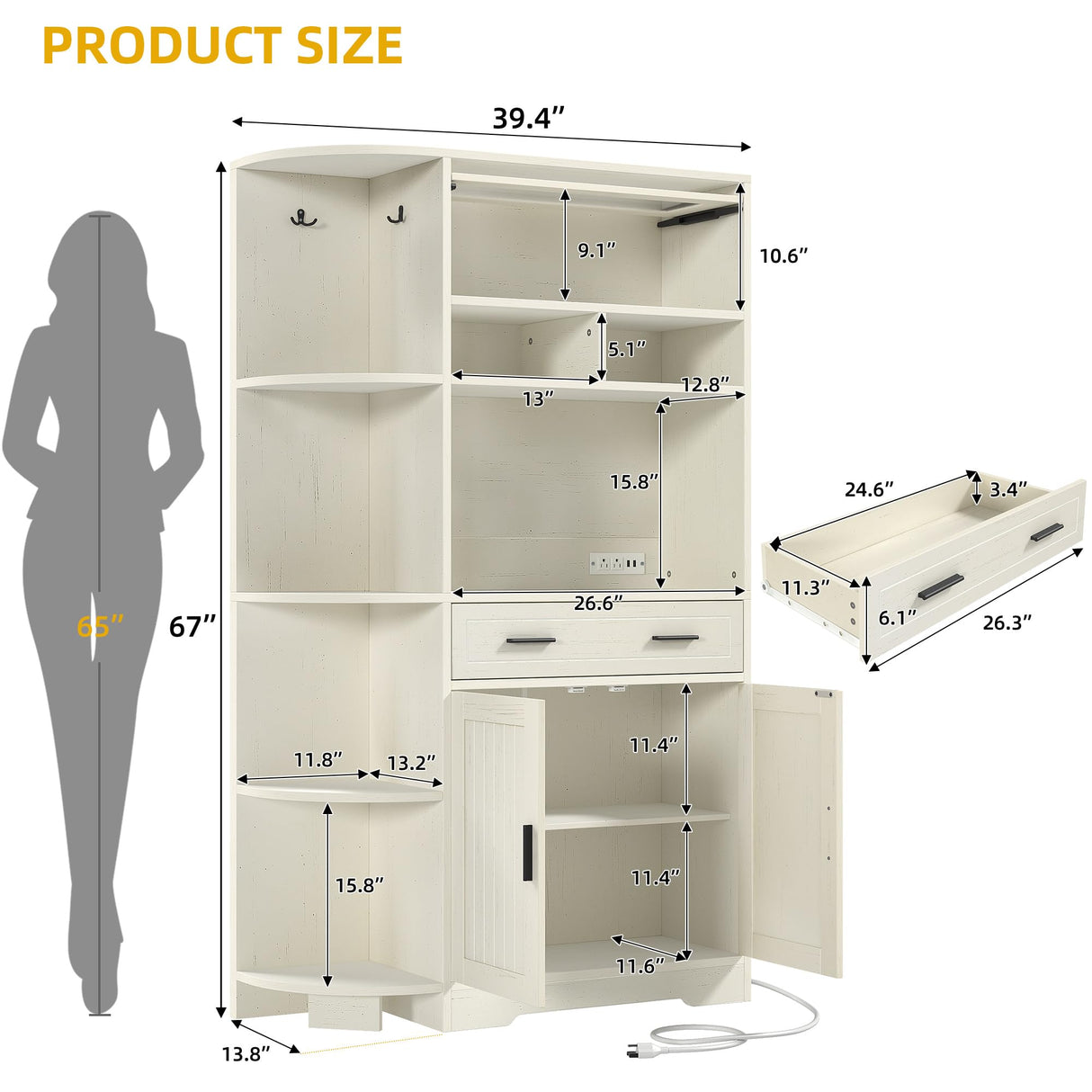 DWVO Kitchen Pantry Cabinet with Drawer, 67" Farmhouse Baker Rack with Power Outlets, Buffet Sideboard w/Microwave Stand, Cupboard Hutch Storage Cabinet for Kitchen, Living Room, Dining Room (White) DWVO