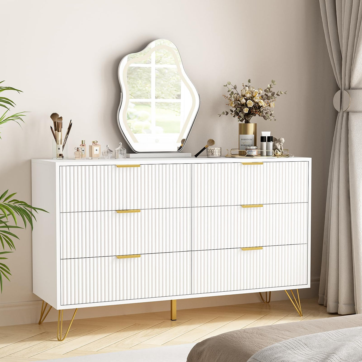 LYNSOM Dresser for Bedroom, Modern 6 Drawer White Dresser with Metal Handles and Wide Drawer, Wood Chest of Drawers for Living Room LYNSOM