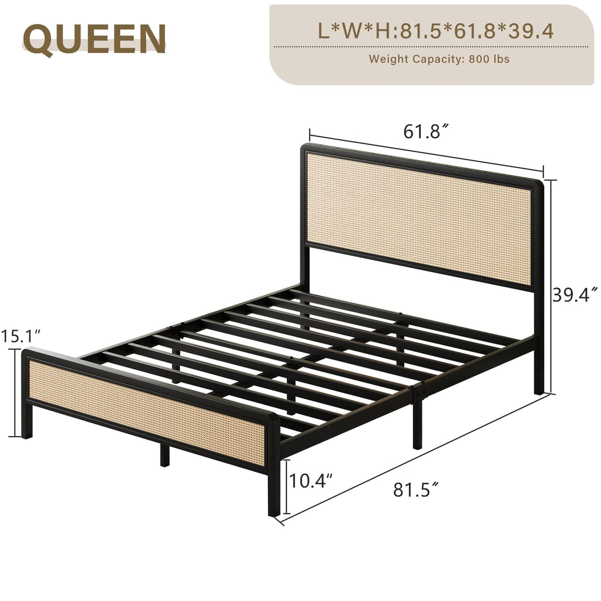 CHABUILDREARK Rattan Bed Frame Queen, Metal Platform Bed with Headboard, Bed Frame Queen Size with Steel Slats Support, No Box Spring Needed, Noise-Free, Easy Assembly, Black CHABUILDREARK