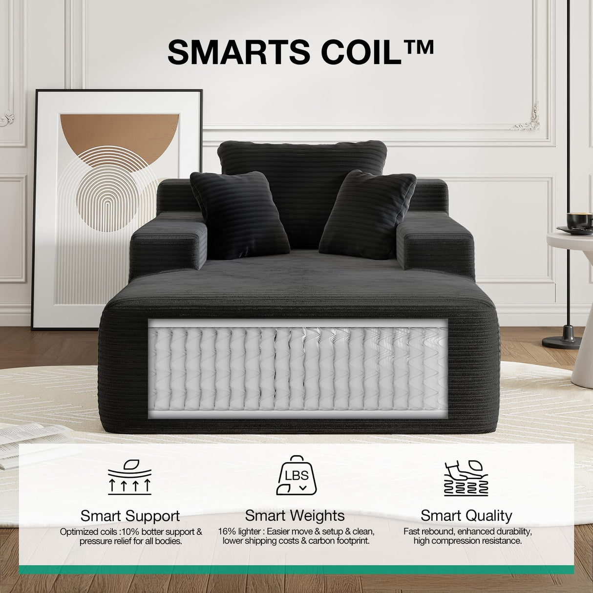 Novilla Oversized Chaise Lounge Indoor, Corduroy Cloud Couch Boneless Chaise Lounge Chair Indoor Deep Seat Reading Chair, 66‘’L x 46‘’W Boneless Couches for Living Room, No Assembly Required, Black Novilla