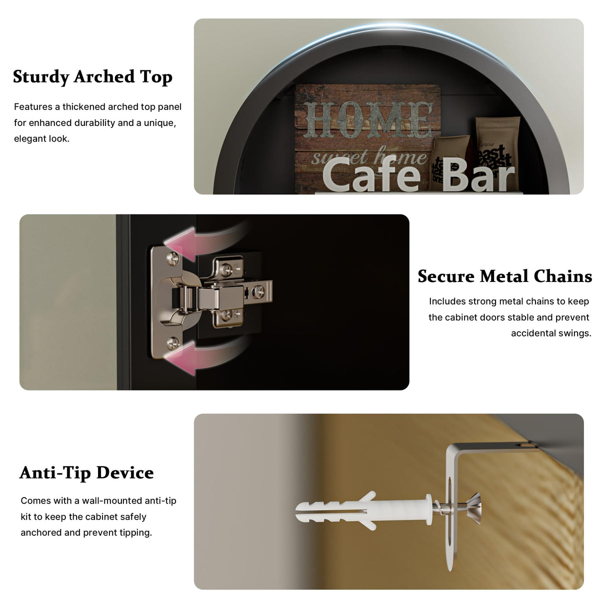 BREEZEHEAT 70" Tall Bar Cabinet, Arched Cabinet with Glass Doors, Farmhouse Whiskey Station with Wine Rack and Glasses Holder, Liquor Bar Cabinet for Home Kitchen Living Dining Room, Black BREEZEHEAT