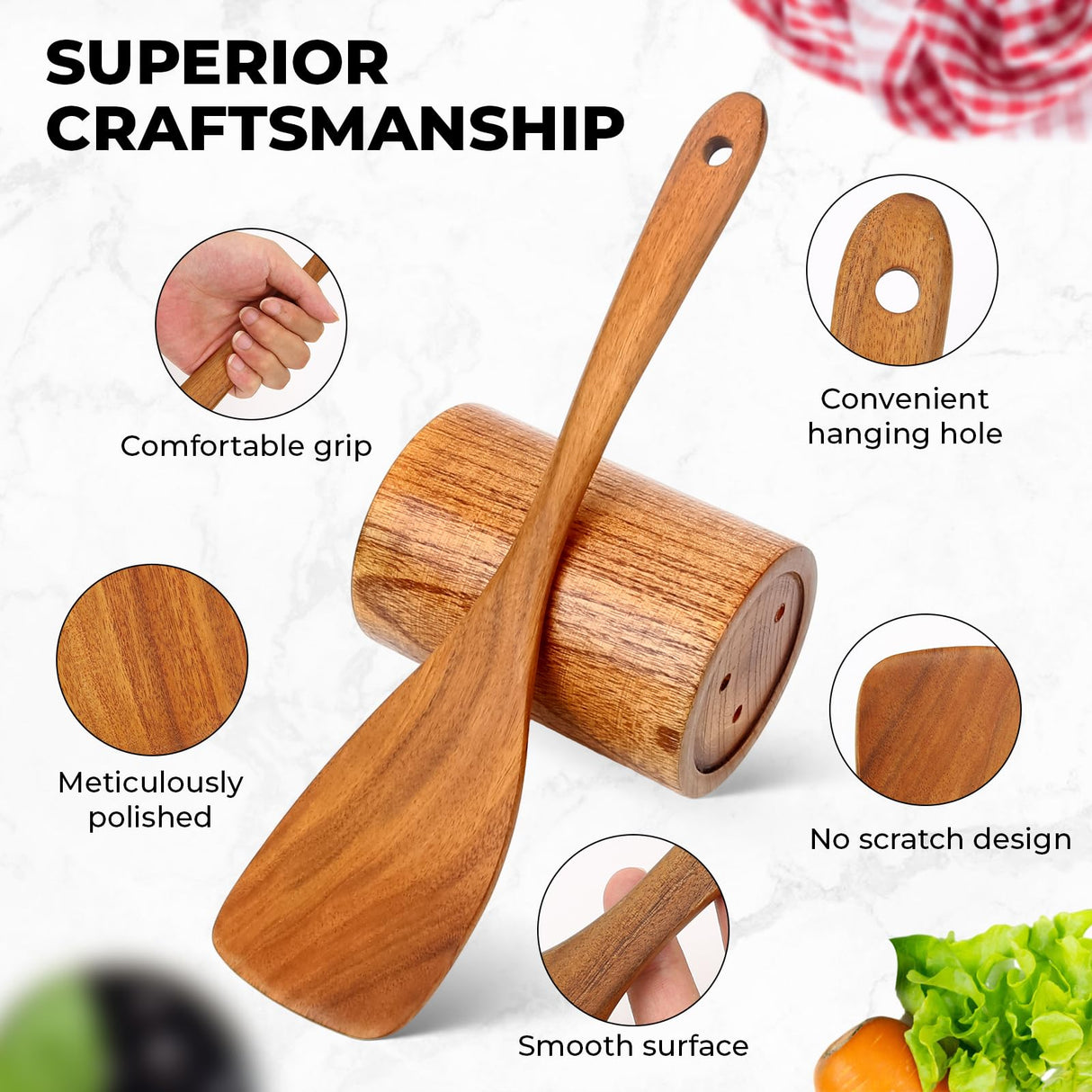 Wooden Spoons for Cooking, Teak Wooden Utensil Set, Handmade Cooking Utensil Set with Spoon Rest and Utensils Holder (9Pcs) Bkiok
