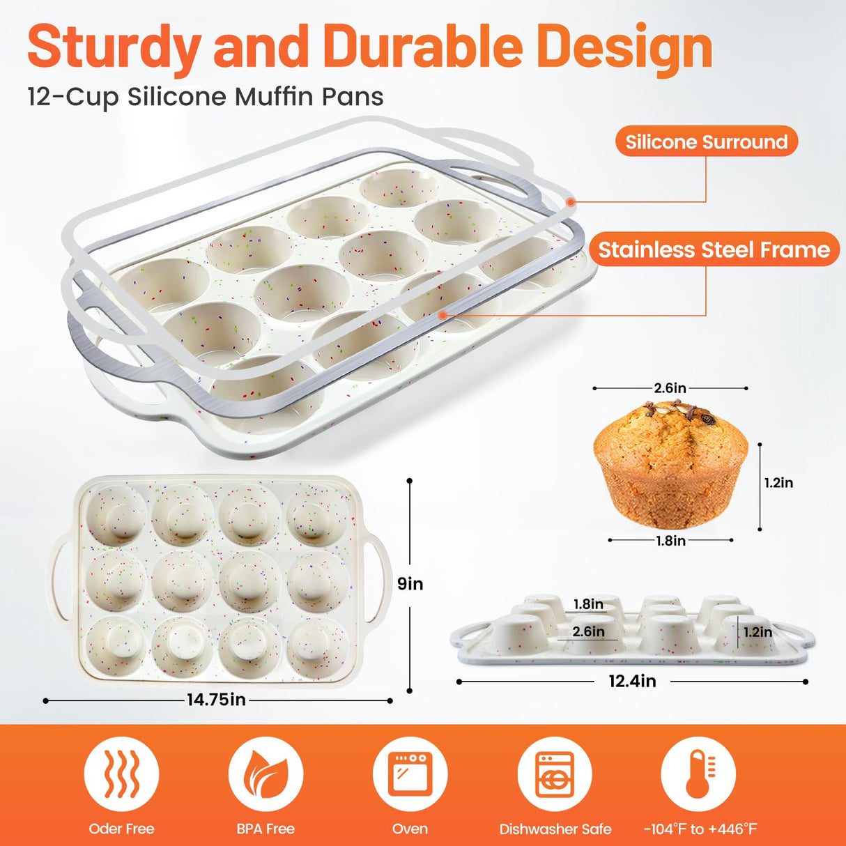 2Pack Silicone Muffin Pan for Baking with Metal Reinforced Frame, 12 Cup Regular Size Cupcake Pan, BPA Free Silicone Muffin Tray, Cupcake Baking Pan Molds for Oven Dishwasher Safe Vinino