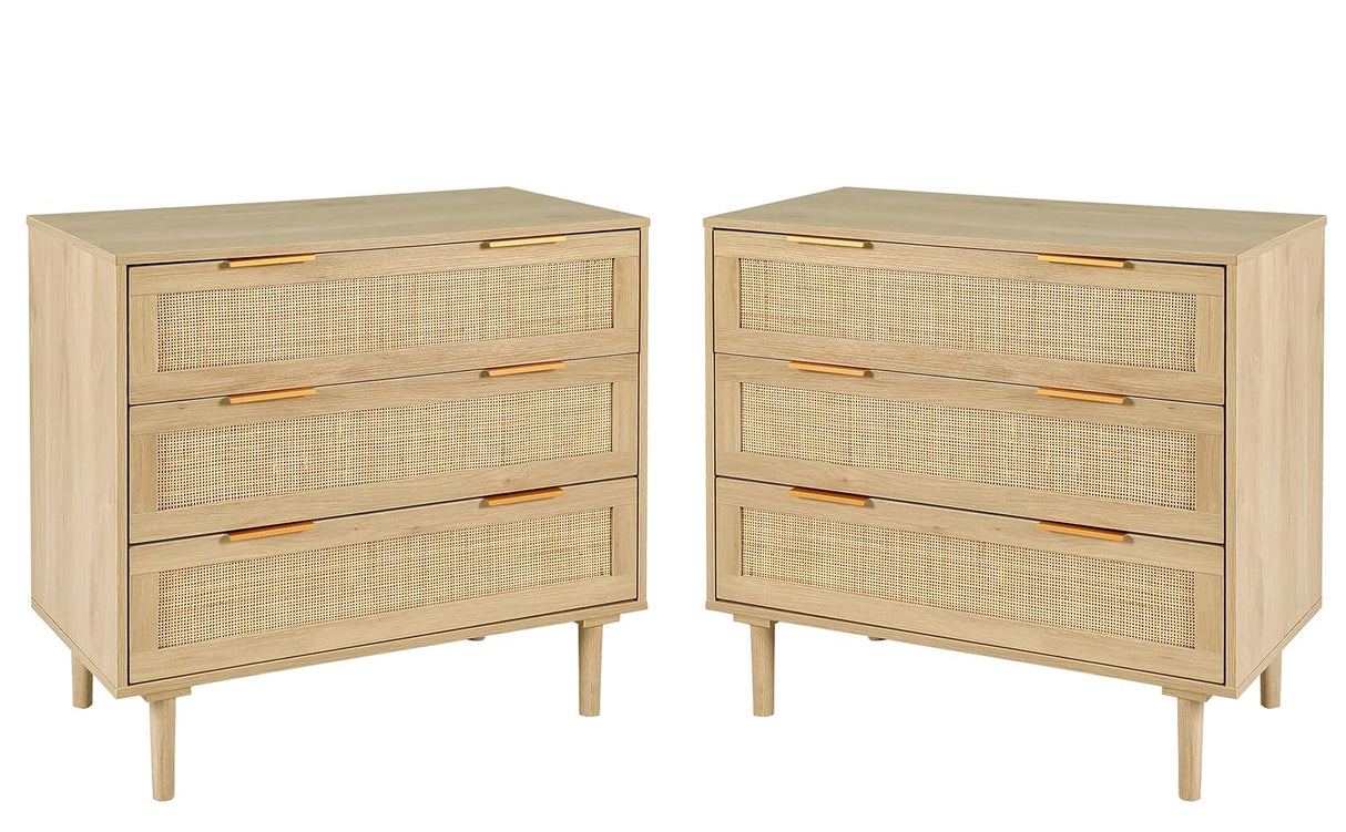 HOPUBUY 3 Drawer Dresser Set of 2 for Bedroom, Oak Rattan Dresser Closet Dressers Chest of Drawers, Light Wood Dresser 3 Drawer Storage Chest for HOPUBUY
