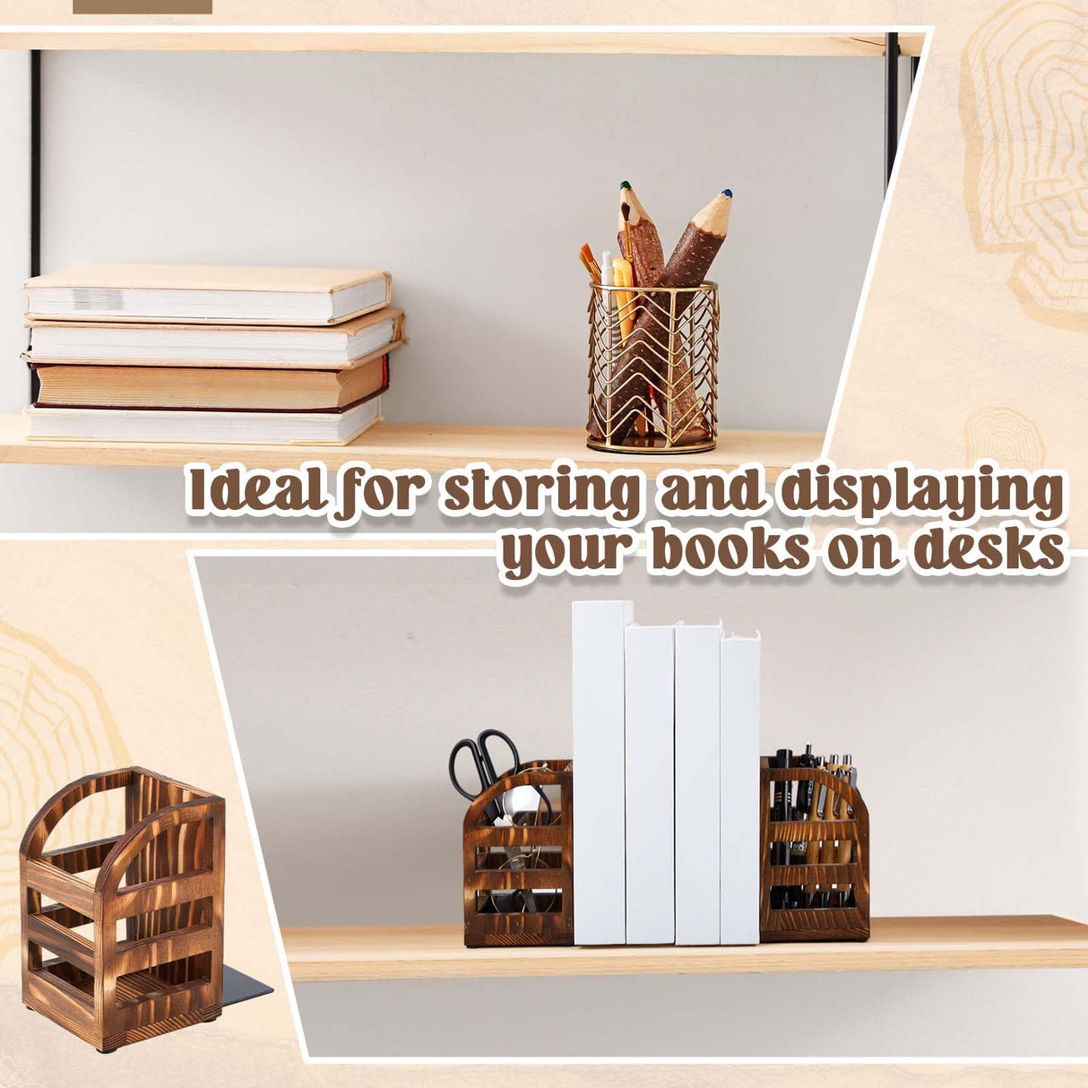 1 Pair 2 in 1 Rustic Burnt Wooden Bookend with Coated Metal Desk Supply Holds Non Skid Desktop Book Ends Pen Holder Pencil Cup Stationery Storage Bins Book Stopper for Home Office Dorm Room Memorywuu