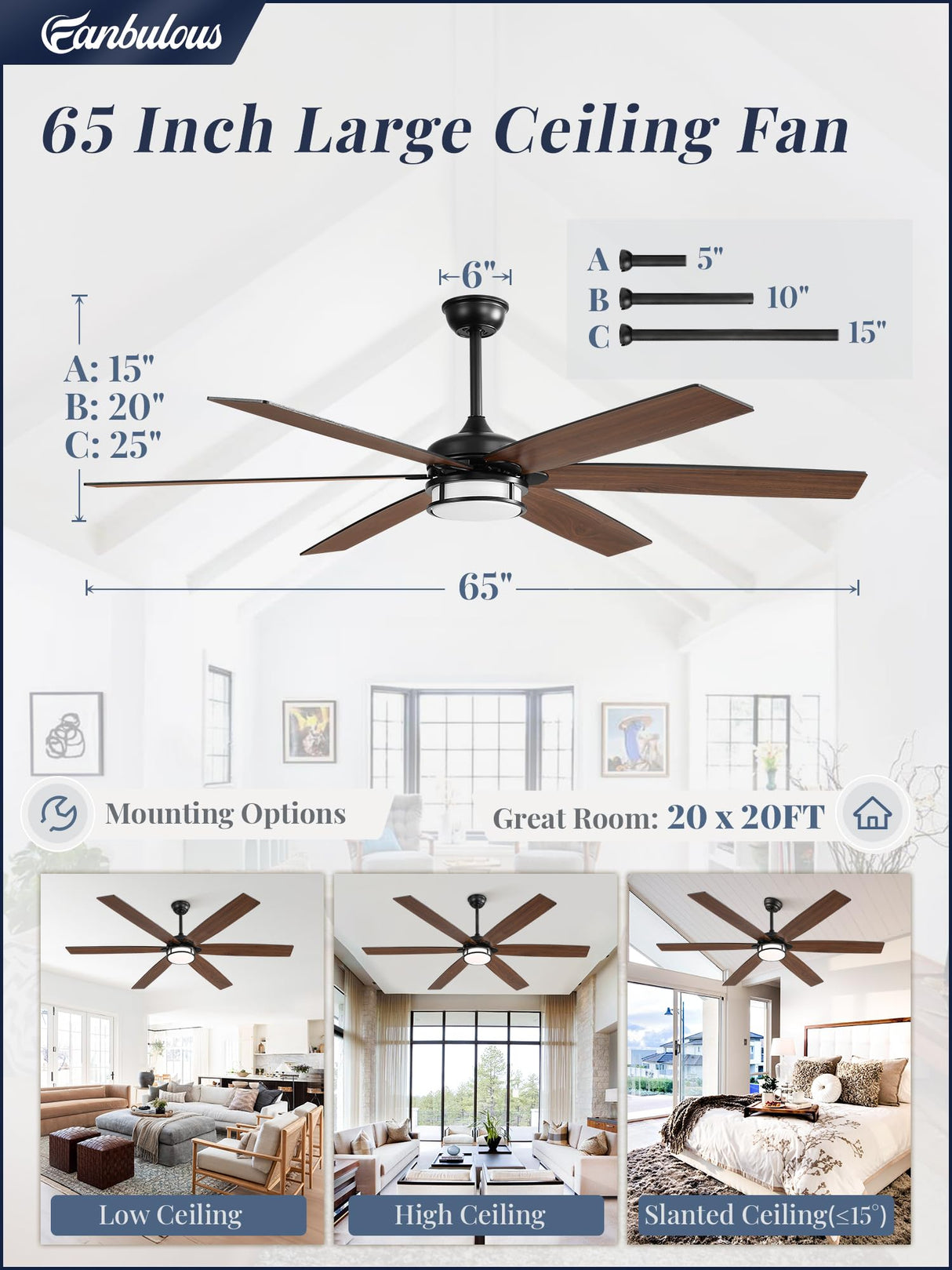 Fanbulous 65 Inch Ceiling Fans with Lights, Farmhouse Large Ceiling Fans with Remote, Black&Brown Modern Ceiling Fan with LED Light, Quiet DC Motor for Living Room, Bedroom, Kitchen, Indoor Fanbulous