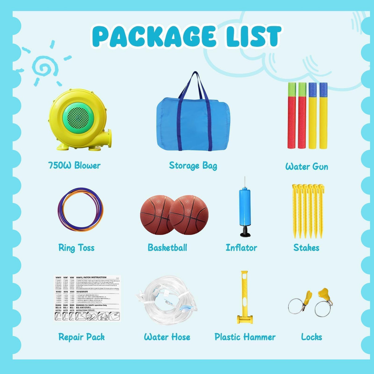 FINCOME Inflatable Water Slide, Bounce House with 2 Slide for Kids, Inflatable Waterslide Park with Splash Pool, Basketball Hoop, Ball Shooting & Water Cannon for Backyard, Outdoor, Indoor FINCOME