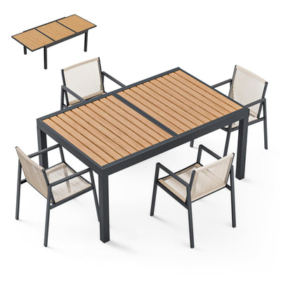 ZANDOR Expandable Outdoor Dining Set for 4-6-8,Patio Table and Chairs Set with Wood Top for Garden,Backyard,Porch,55"-82.7" Extendable Aluminum Outdoor Table Set with 4 Chairs,Grey
