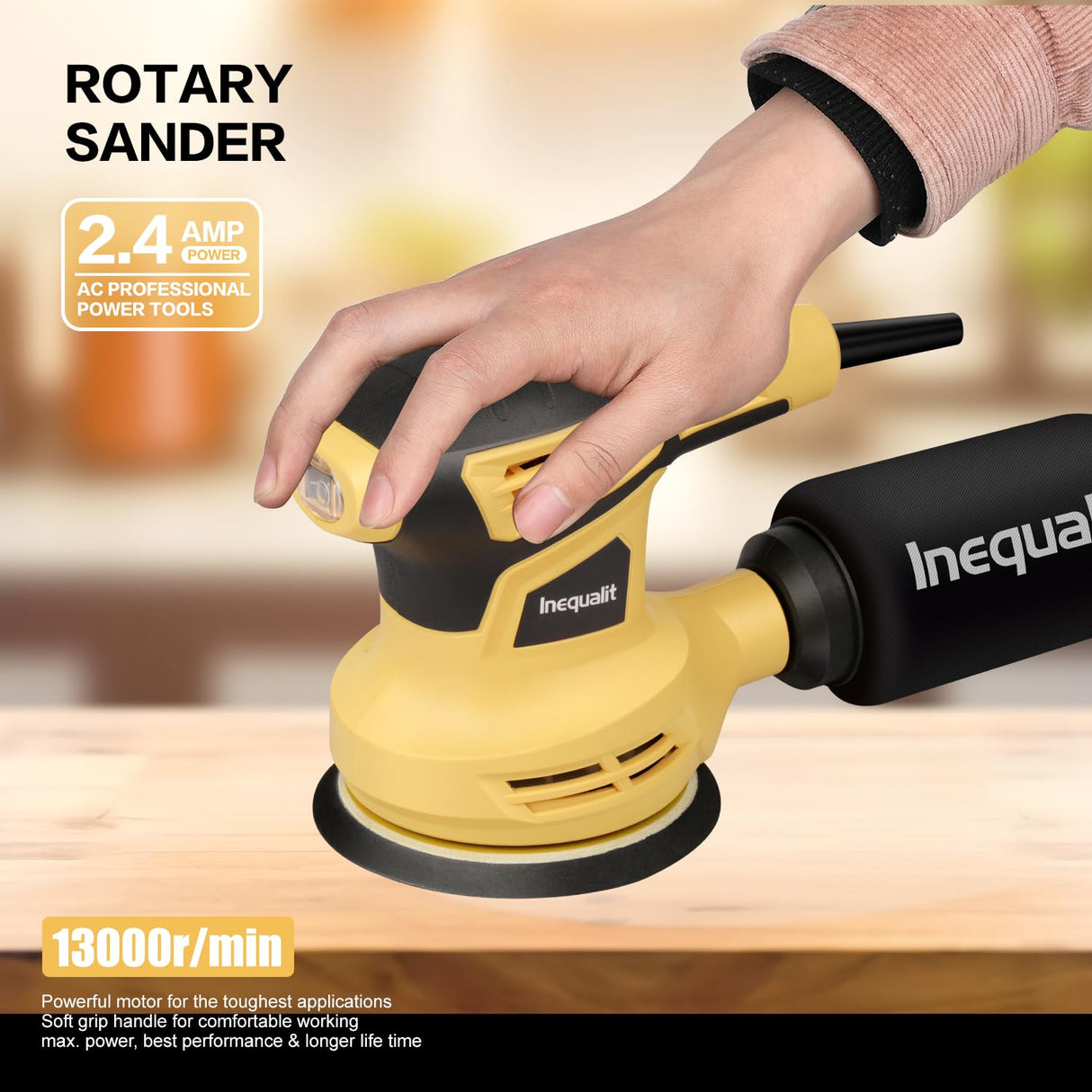 Inequalit 2.4Amp 5 Inch Orbital Sander, 6000-13000OPM Random Orbital Sander with 6 Variable Speed, 15Pcs Sandpapers and Dust Collector Included, Fit for Sanding and Polishing Inequalit