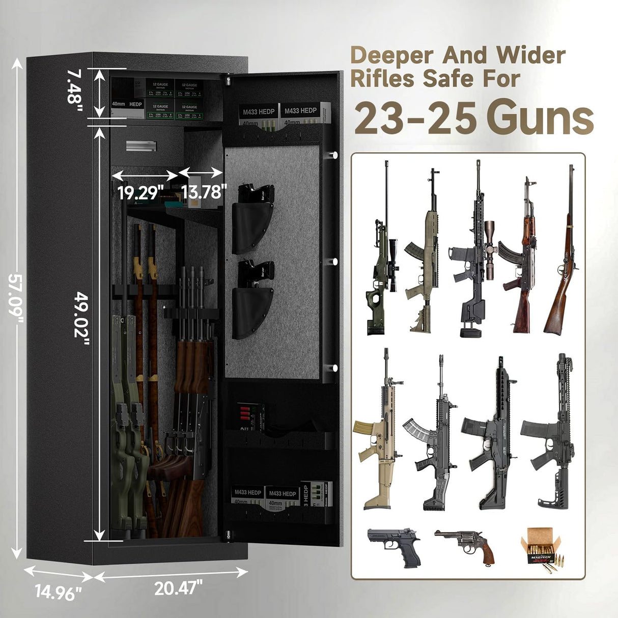 KAER 25 Biometric Gun Safe, Wider and Deeper Fingerprint Gun Safes for Rifle and Pistols, Large Quick Access Heavy-Duty Gun Cabinet for Firearm Ammo with Drawer & Gun Rack, Assembled KAER
