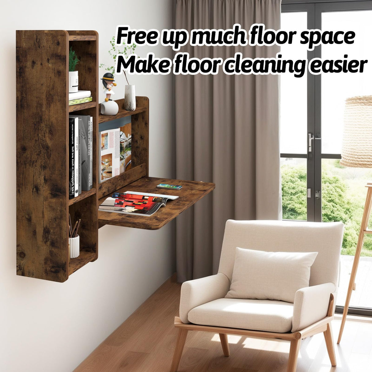 Pmnianhua Rustic Brown Floating Wall Desk with Storage - 41'' L Shaped Foldable Laptop Table for Small Spaces Pmnianhua