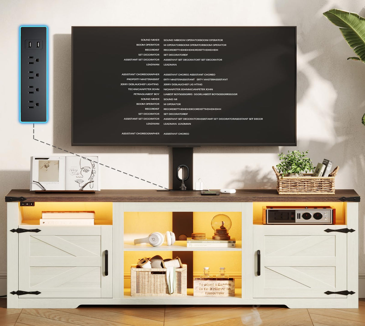 ROCHECASA TV Stand with Mount, Farmhouse TV Stand for 32-75 inch TVs with Charging Station LED Lights, Entertainment Center with Storage for Bedroom, Living Room ROCHECASA