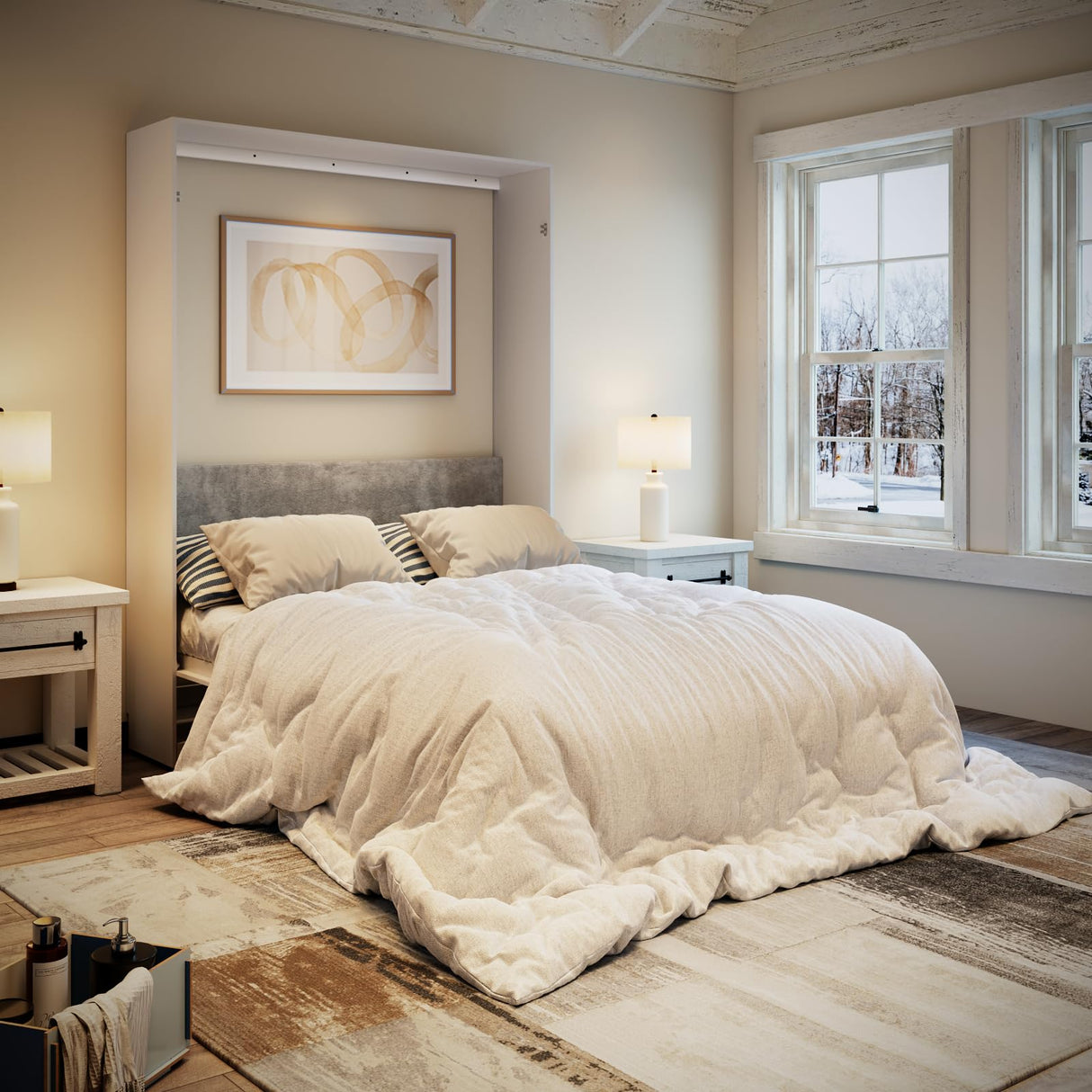 Farmhouse Murphy Bed Queen, 85" Wall Bed Folds to Save Space, Concealed Bed Frame with Hydraulic Rod and Wall Mounted Features for Apartment/Office/Guest Room Bobve