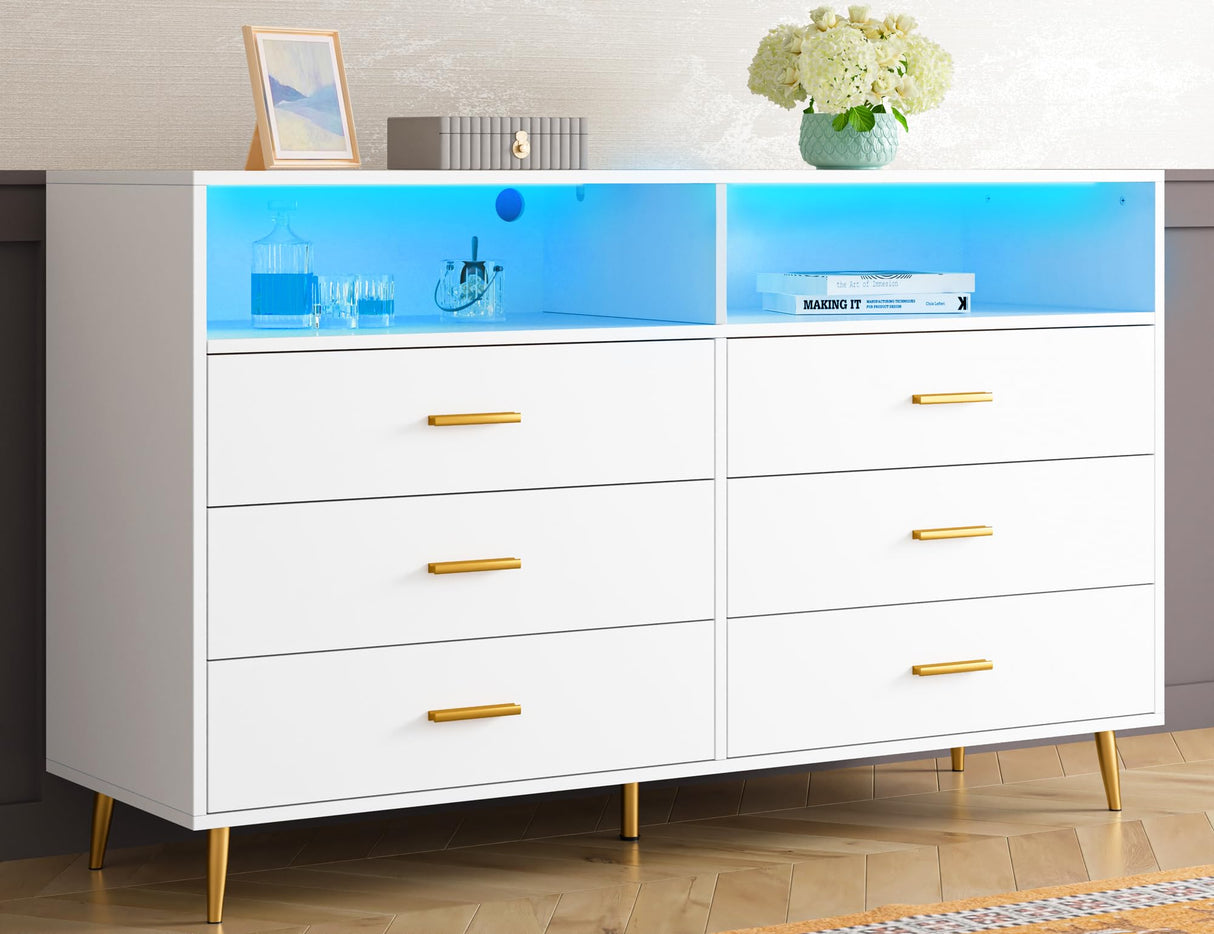 EnHomee Dresser, Dresser for Bedroom, White Dresser with LED, Wood Dressers & Chests of Drawers, 6 Drawers Dresser for Bedroom, Dresser Wood, Large Dressers Bedroom Furniture EnHomee