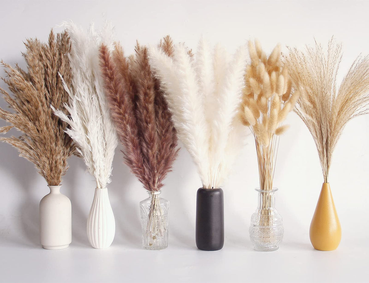 110 PCS Dried Pampas Grass Bouquet, Boho Table Decor, Bunny Tails Dried Flowers, Brown Pompas, White Pampas Grass for Wedding, Home, Rustic Party, Baby Shower Decorations Bannifll