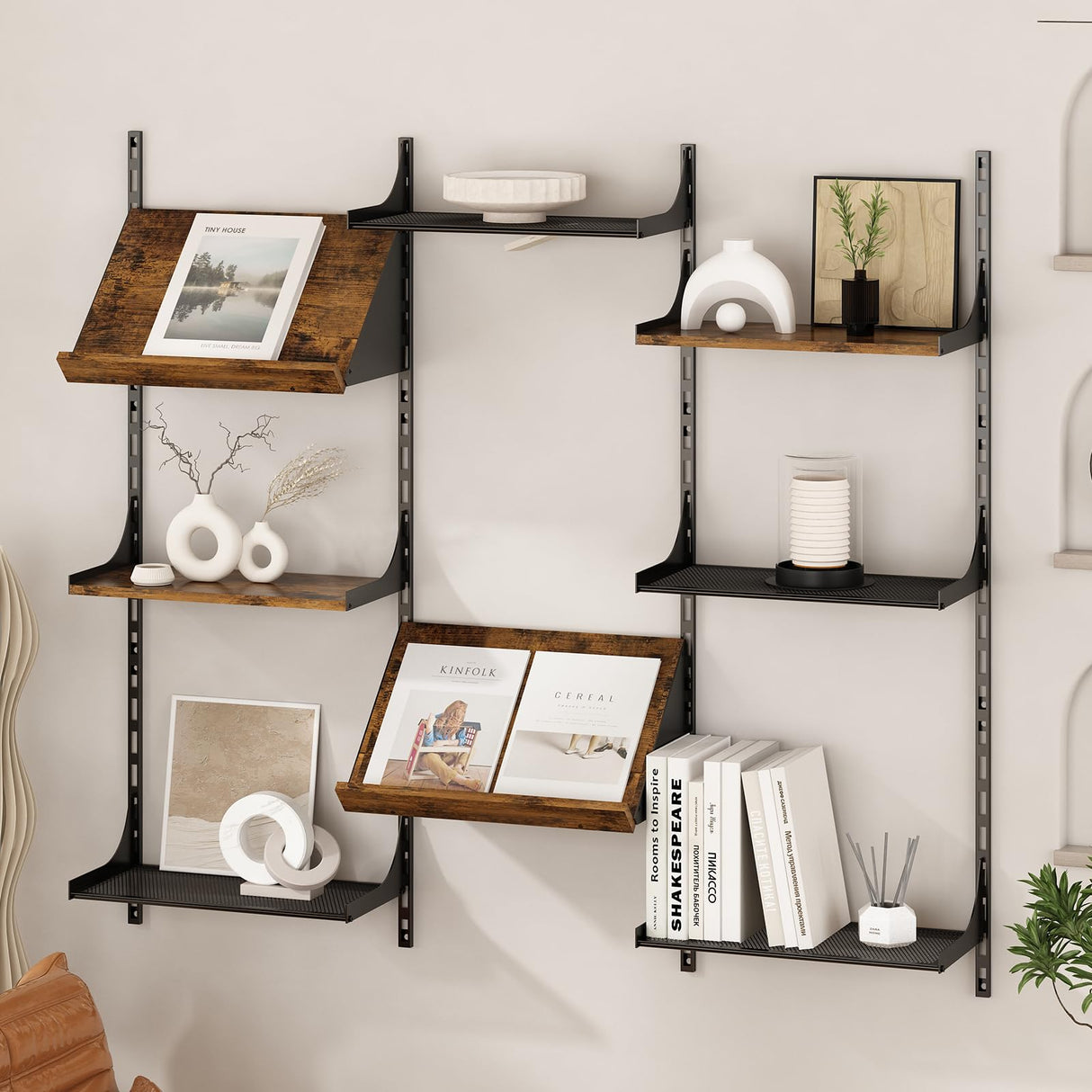 GILLAS Wall Mounted Floating Shelves, 8 Tier Wall Mounted Storage Shelves, Industrial Rustic Bookshelf with Adjustable Metal Brackets, Display Rack for Living Room, Bedroom, Kitchen, Home Office GILLAS