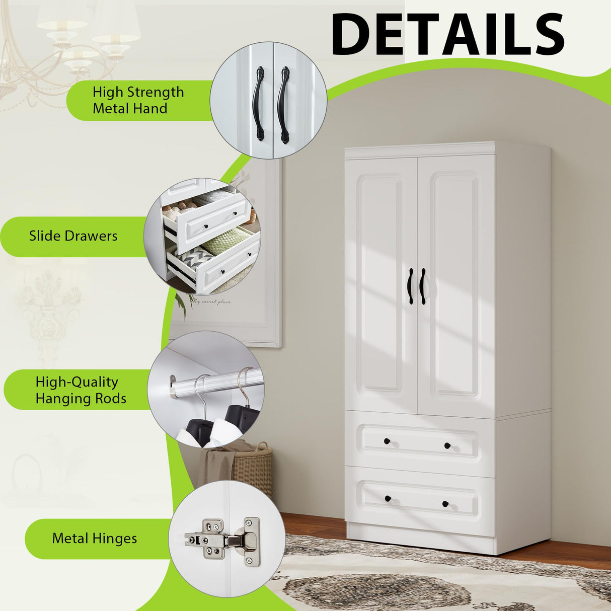 Keloyid Armoire Wardrobe Closet: Wood White Bedroom Armoire Storage Cabinet for Large Capacity with 2 Doors, Tall Armoire and Wardrobe Closet with 2 Drawers & Hanging Rail Keloyid