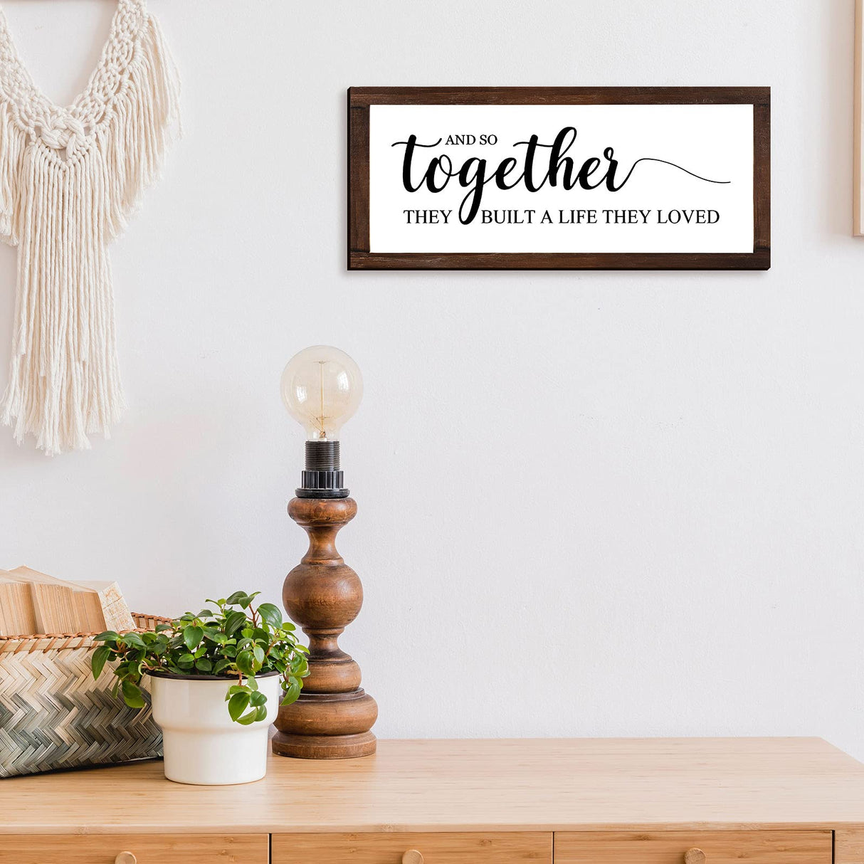 Together They Built A Life They Loved Sign 14 x 6.4 Inches Farmhouse Wall Decor Rustic Modern Framed Wood Sign Hanging Plaque for the Home Love Signs Decorations (And So Together Style) Jetec